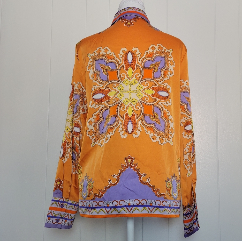 Rachel Zoe Button Down Collared Blouse Orange & P… - image 10